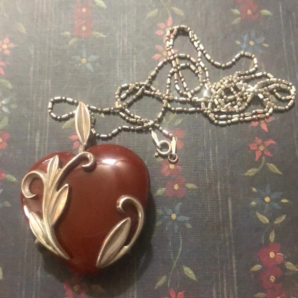 Vintage Heart Shaped, In Silver, Carnelian Pendant on 28” Silver Chain